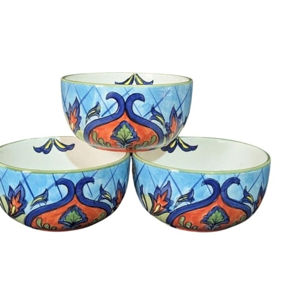 Maxcera Orange Talavera Ceramic Bowls Set of 3 Blue Floral Hand Painted 5.5 Inch